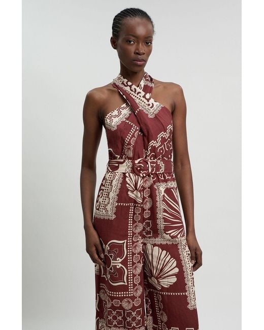 Karen Millen Brown Petite Linen Viscose Tile Print Belted Woven Jumpsuit