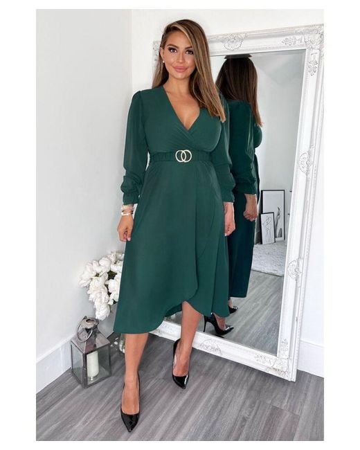 AX Paris Green Long Sleeve Belted Midi Dress