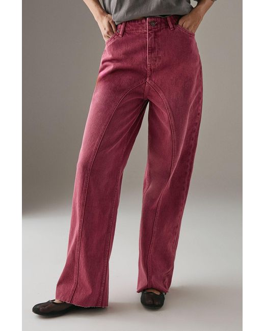 Warehouse Red Washed Raw Waist Seam Detail Denim Dad Jean