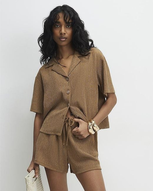 River Island Brown Shirt Short Sleeve Textured Button