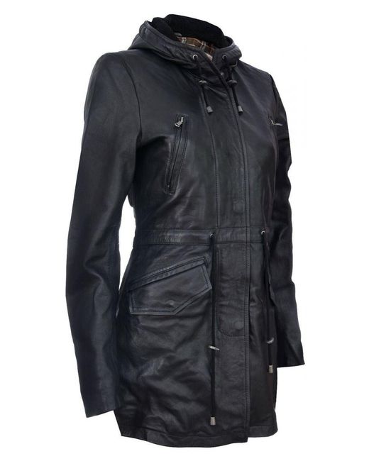 Infinity Leather Black Mid Length Hooded Parka Jacket-Oakengates