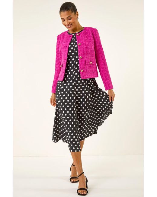 Roman Pink Collarless Buttoned Boucle Jacket