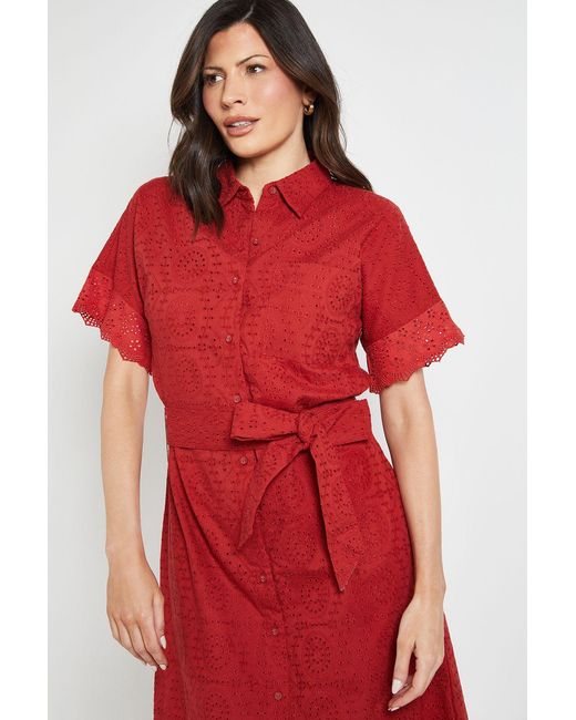 Wallis Red Broderie Belted Midi Shirt Dress