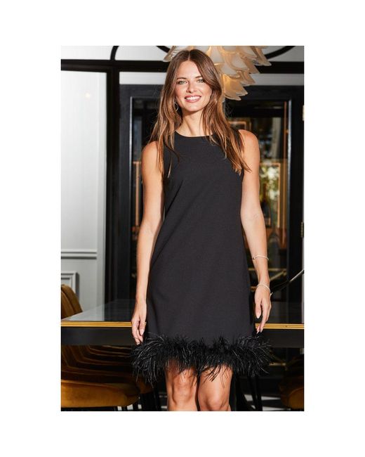 Sosandar Black Feather Trim Shift Dress