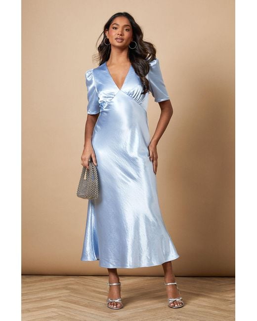 Oasis Blue Metallic Satin Midi Dress