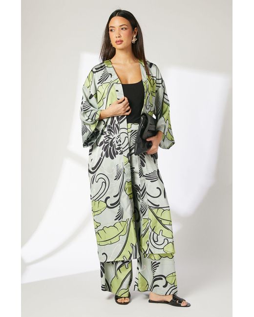 PRINCIPLES Green Leaf Print Satin Kimono