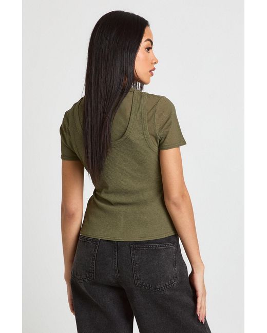 Boohoo Green Sherred Textured Rib Double Layered Top