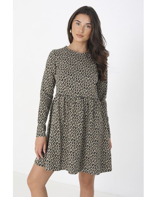 Brave Soul Gray Light Cotton 'Sadie' Animal Print Long Sleeve Mini Smock Dress