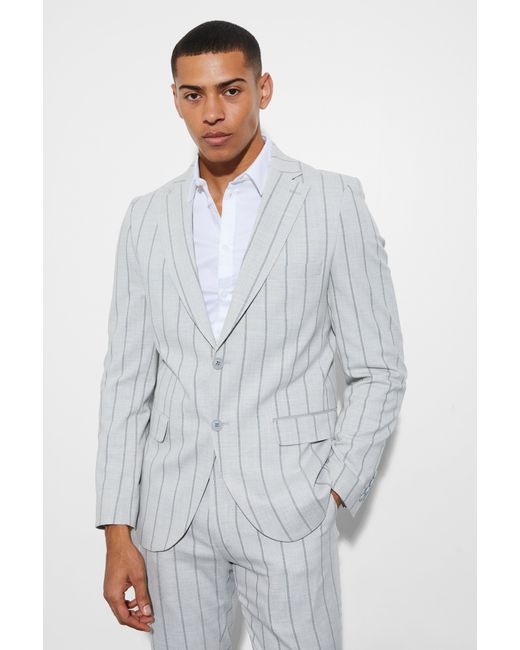 BoohooMAN Gray Slim Single Breasted Striped Suit Jacket for men