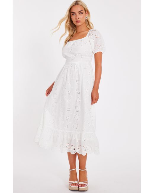 Quiz White Embroidered Midi Dress Cotton