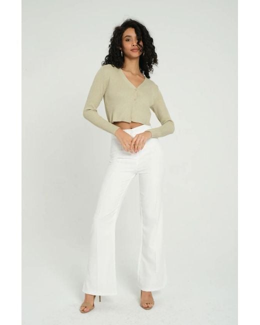 Hiccup White Solid V Neck Cropped Cardigan