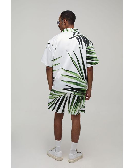 BoohooMAN Gray Oversized Short Sleeve Palm Print Satin Shirt & Set for men