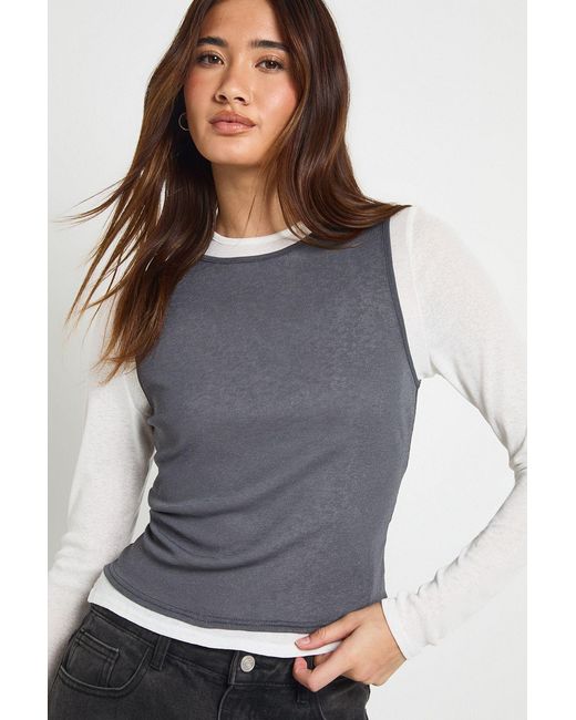 Boohoo Gray Double Layer Sheer Texture Long Sleeve Top