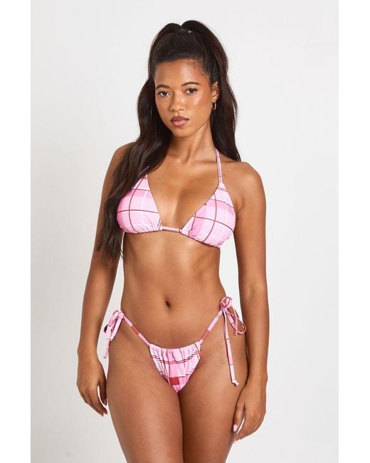 Boohoo Pink Check Print Triangle Bikini Top And Tie Side Bottoms Set