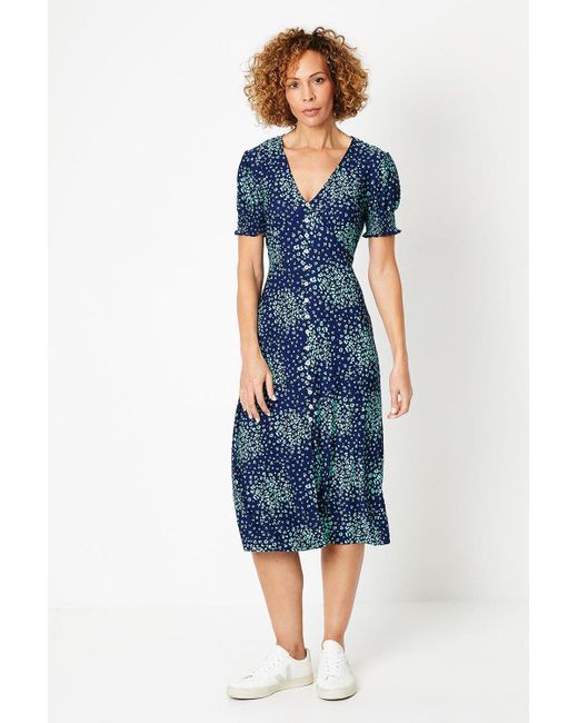 Wallis Blue Ditsy Button Through Jersey Midi Dress