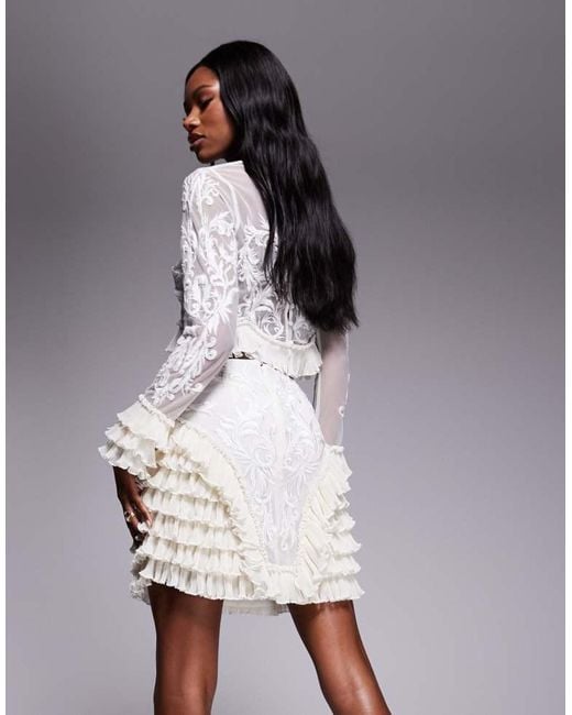 ASOS Natural Co-Ord Embroidered Mini Skirt With Ruffle Detail