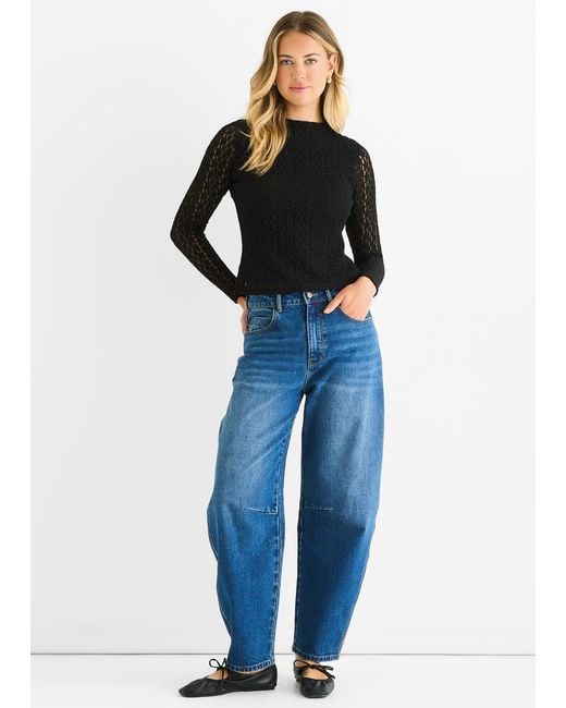 Gini London Blue Schwarzes Hochgeschlossenes Jersey-Spitzen-Top Mit Langen Ärmeln