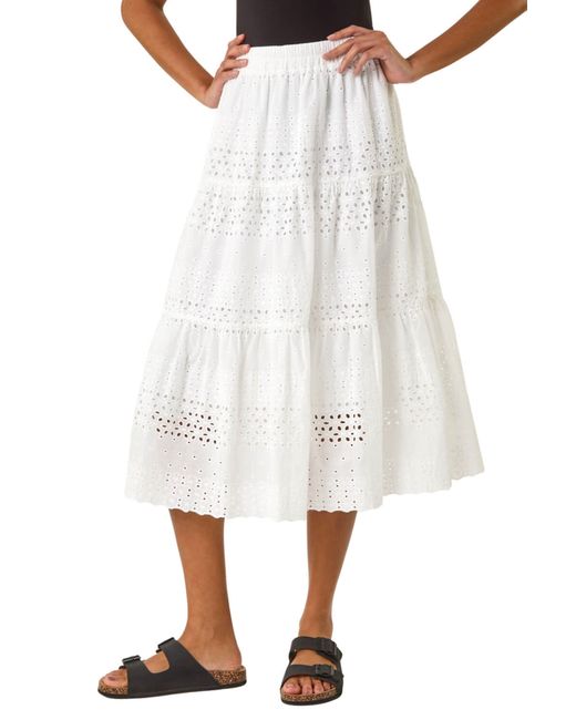 Roman White Broderie Cotton A-Line Midi Skirt