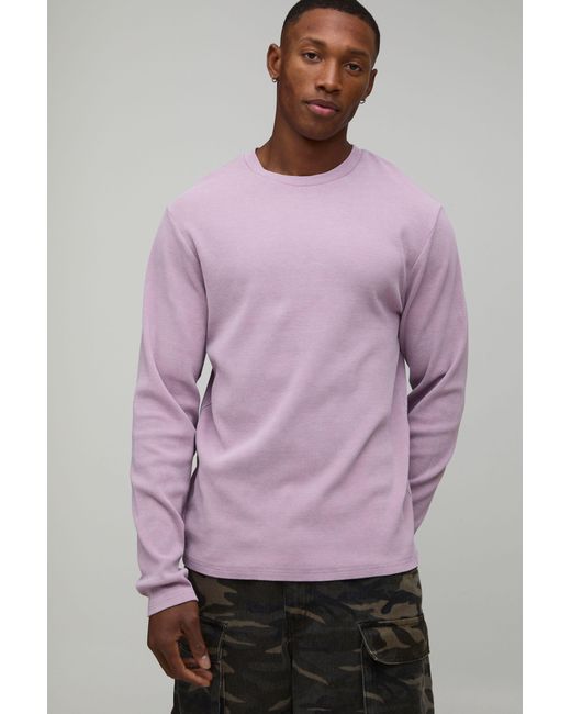 BoohooMAN Purple Ribbed Slim Fit Acid Wash Long-Sleeve T-Shirt for men