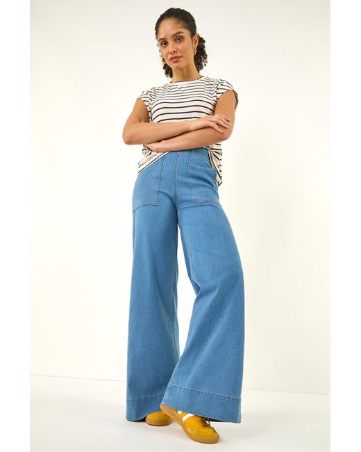 Roman Blue Cotton Stretch Wide Leg Jean