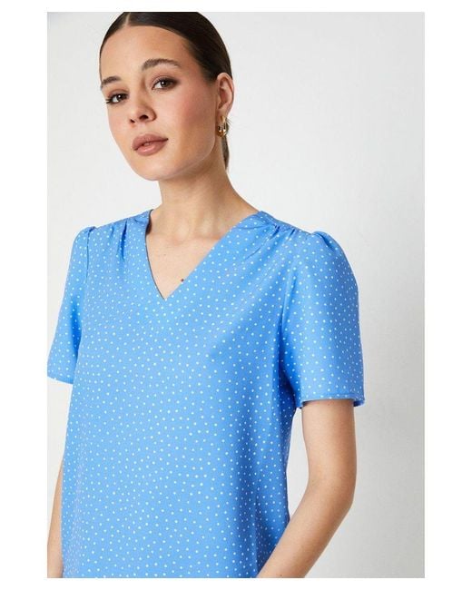 Dorothy Perkins Blue Spot V Neck Gathered Shoulder Top