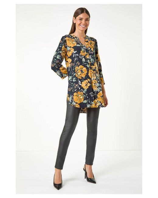 Roman Yellow Floral Print V-Neck Button Detail Tunic Top