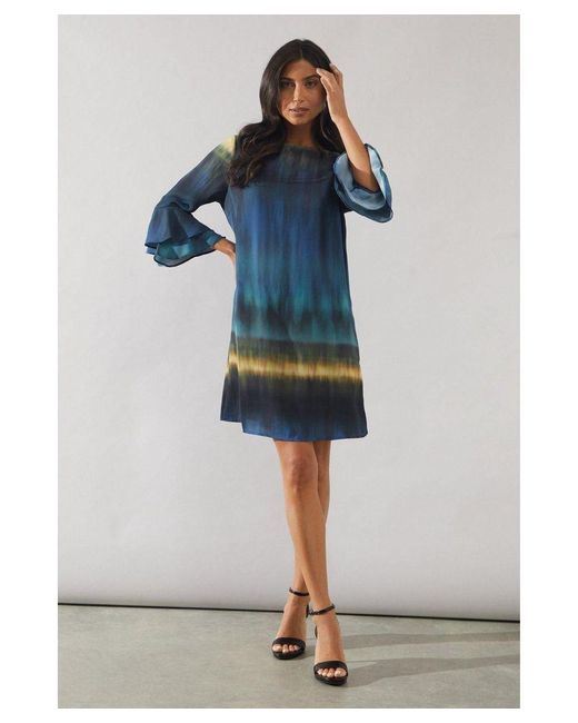 Wallis Blue Ombre Print Flute Sleeve Shift Dress