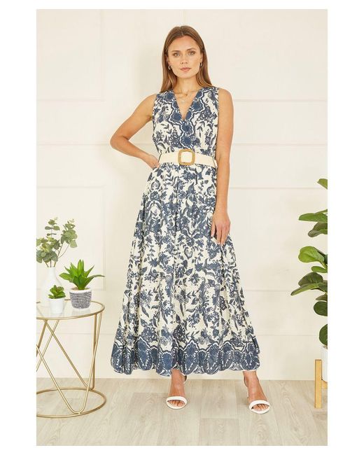 Yumi' Blue Premium Floral Border Print Broderie Anglaise Cotton Midi Dress
