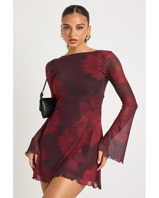 Boohoo Blurred Floral Printed Mesh Flare Sleeve Mini Dress