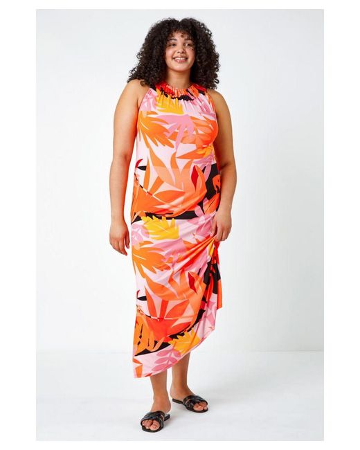 Roman Curve Orange Tropical Stretch Jersey Maxi Dress