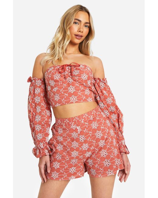 Boohoo Red Broderie Cold Shoulder Crop Top
