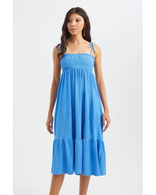 Hiccup Blue Square Neck Tie Strap Smocked Midi Dress With A Tiered
