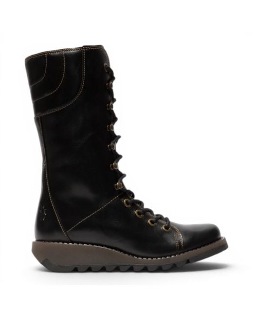 Fly London Black Leather Lace-Up Combat Ankle Boots- Ster768