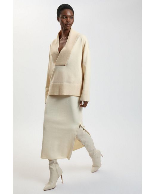 Karen Millen Natural Wool Look Side Split Detail Knit Midi Skirt