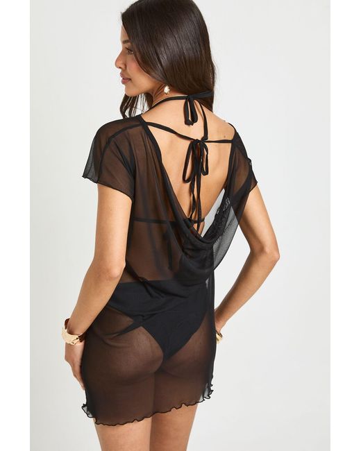 Boohoo Black Sheer Mesh Asym Cowl Back Mini Beach Dress