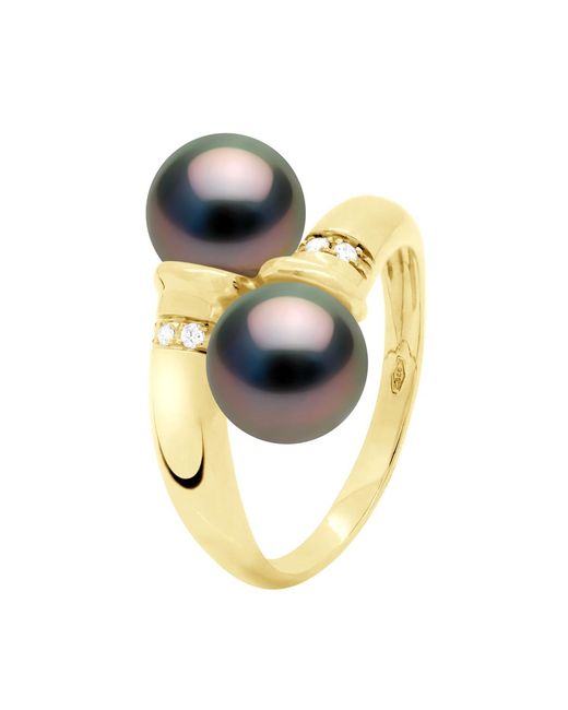Ateliers Saint Germain Metallic Ring You & Me Diamonds 0,06 Cts 2 Real Cultured Tahiti Pearls Round 8-9 Mm