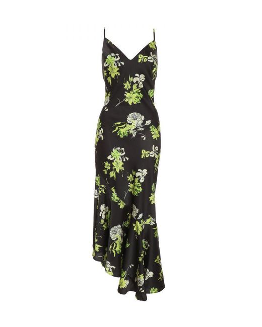 Quiz Green Floral Satin Asymmetric Midaxi Dress