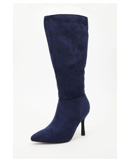 Quiz Blue Navy Faux Suede Knee High Heeled Boots