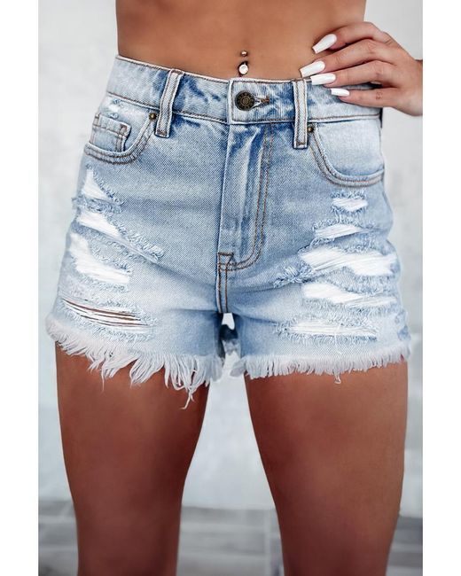 Azura Exchange Blue Distressed Ripped Raw Hem High Waist Denim Shorts Cotton