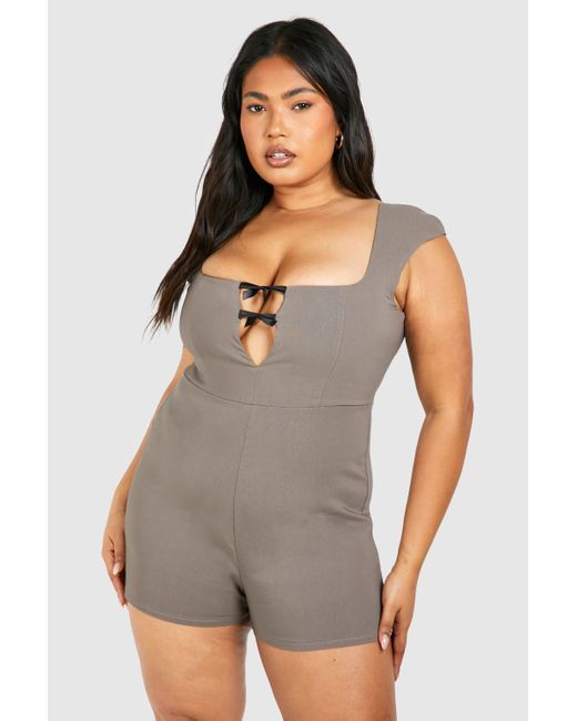 Boohoo Gray Plus Cap Sleeve Mini Bow Playsuit