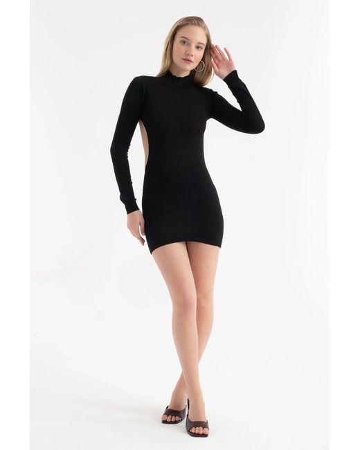 Hiccup Black Crew Neck Back Cut Out Long Sleeve Mini Dress