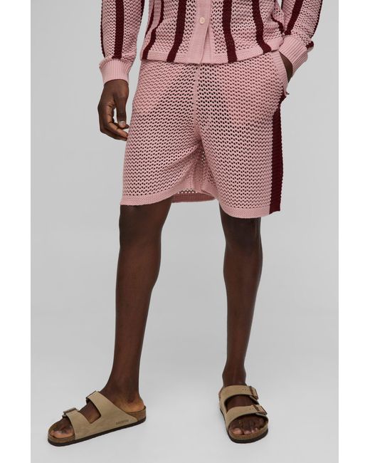 BoohooMAN Pink Relaxed Fit Side Stripe Open Stitch Knitted Shorts for men