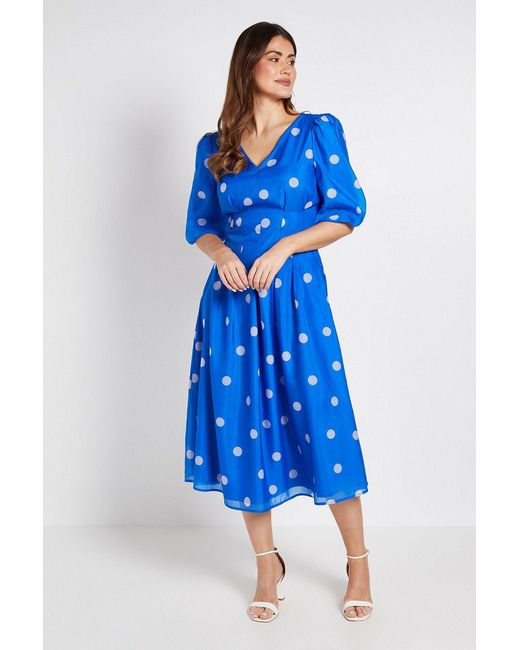 Wallis Blue Polka Dot Lace Trim Puff Sleeve Midi Dress