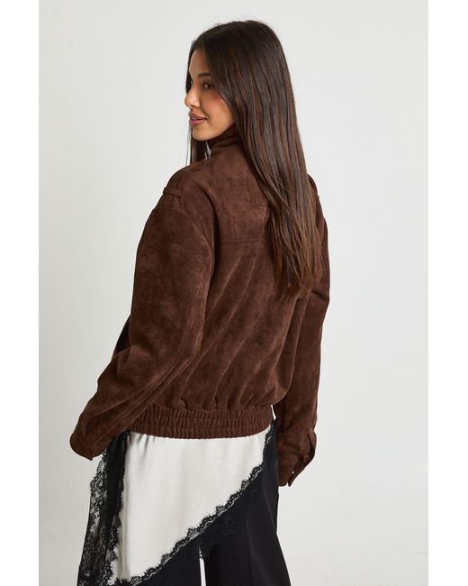 Boohoo Brown Funnel Neck Suede Pocket Detail Jacket