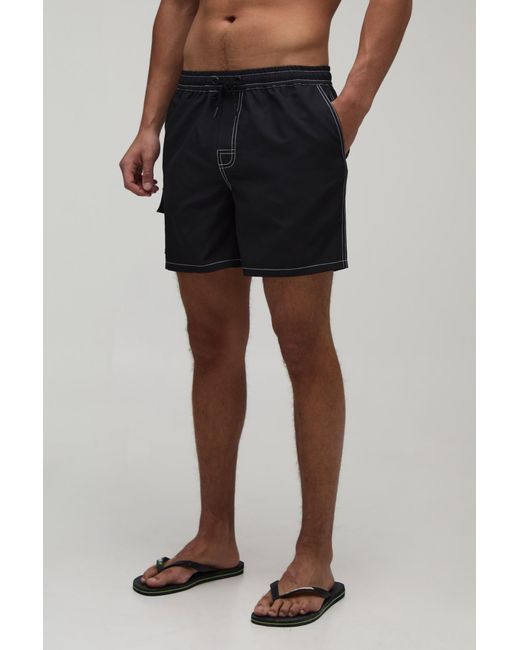 BoohooMAN Black Constrast Stitch Cargo Pocket Mid Length Swim Short for men