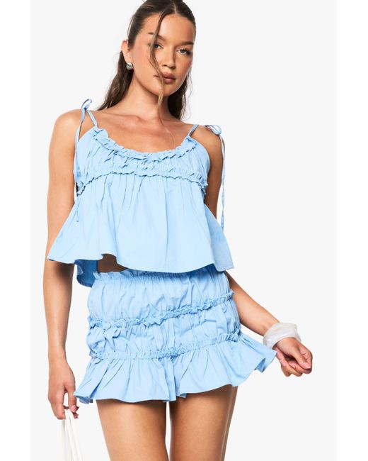 Boohoo Blue Cotton Poplin Tie Shoulder Cami Top