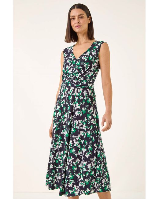 Roman Blue Floral Twist Front Dress