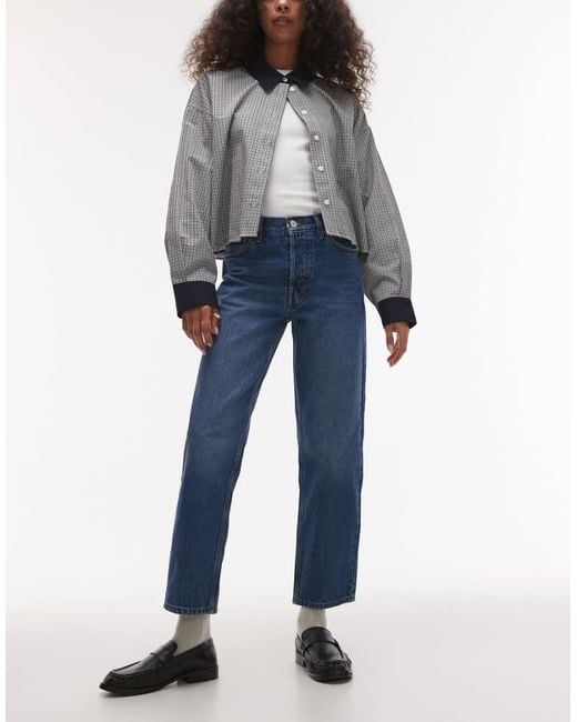 TOPSHOP Blue Runway Mid Rise Straight Cropped Jean