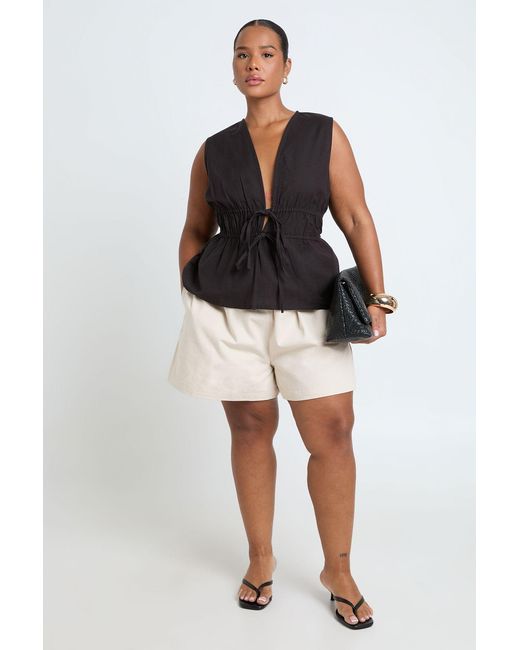 Boohoo Black Plus Linen Shirred Waist Tie Front Detail Top