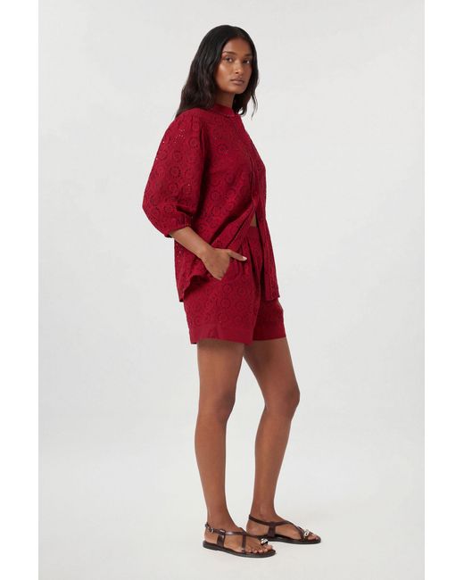 Karen Millen Red Cotton Broderie Woven Short Sleeve Blouse